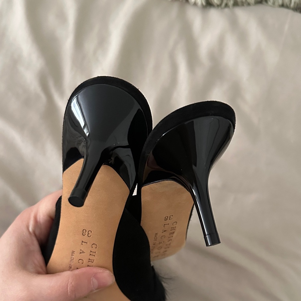 Christian Lacroix Black Feather Trim Mule Heels Pointed Toe Size 38 / 8 - Picture 4 of 4